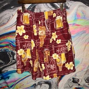 Puritan Burgundy Swim Trunks with Beer and Floral Print